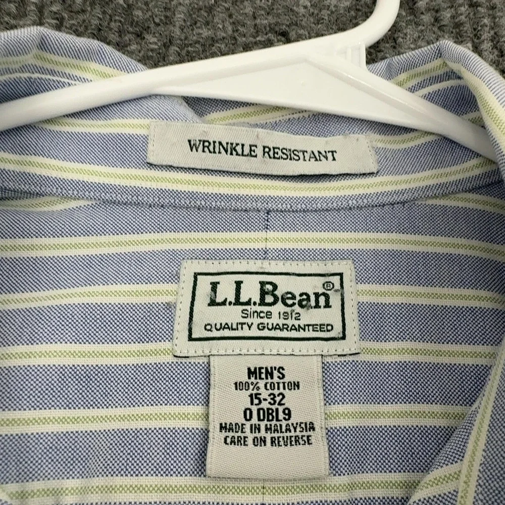 L.L. Bean Shirt Mens 15-32 Blue Cotton Striped Wrinkle Resistant Casual Classic